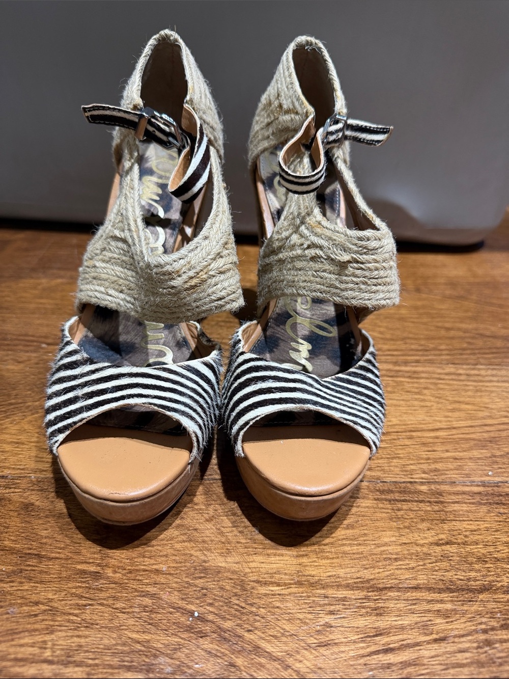 Sam Edelman Black & Natural Striped Rope Wedge Sandals